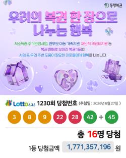 로또 1230회 당첨번호 발표…1등 16명 각 17억7135만원