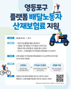 영등포구, 플랫폼 배달노동자 산재보험료 최대 10만원 지원